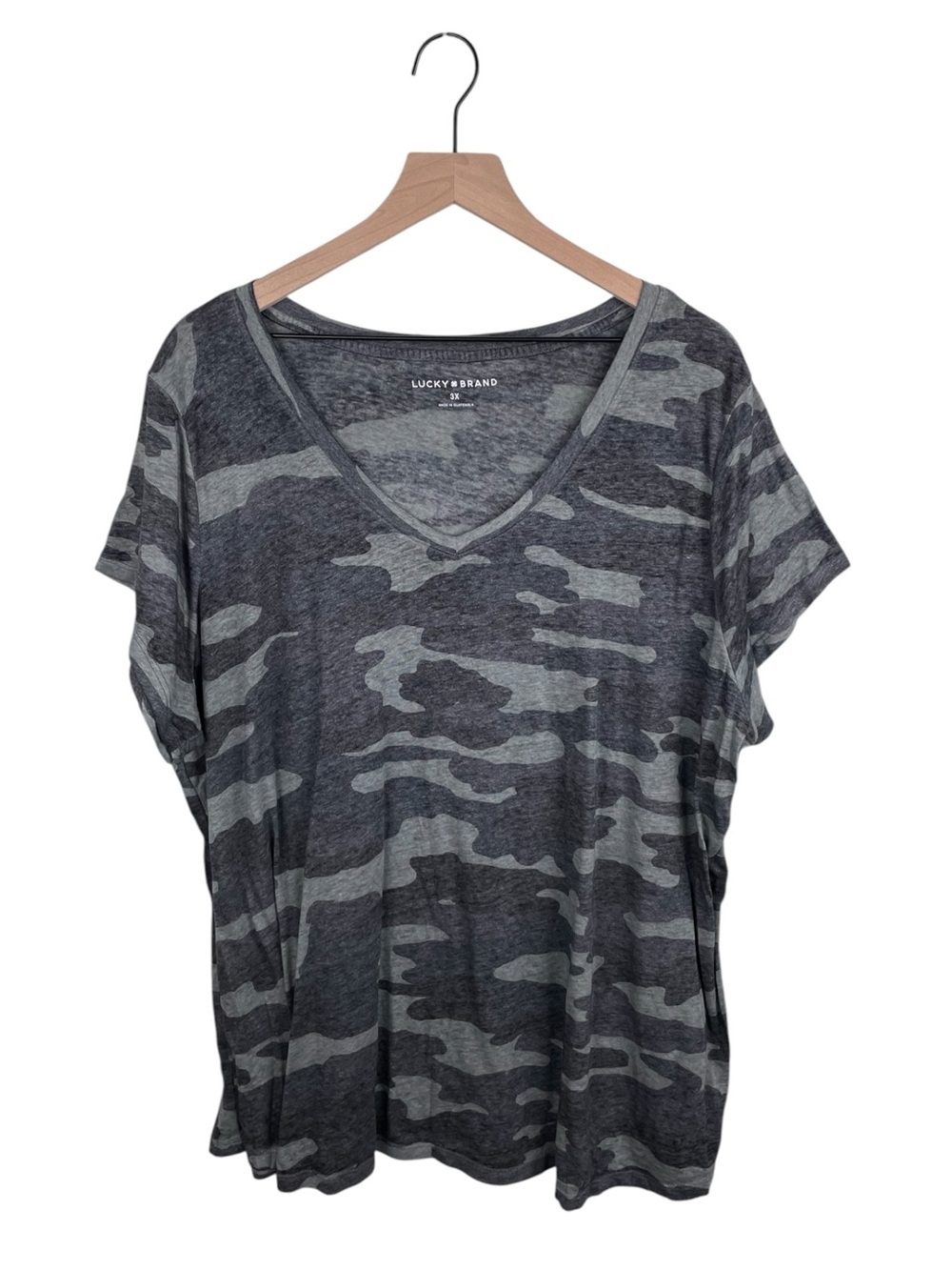 Lucky Brand Grey Camo Burnout Tee Size 3X Short Sleeves V-neck Cotton Blend